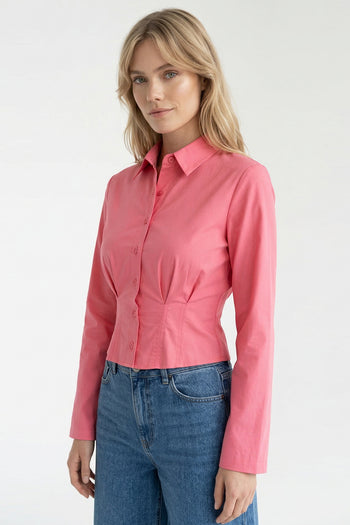 Gömlek Yaka Uzun Kollu Pile Detaylı Crop Regular Pembe Gömlek