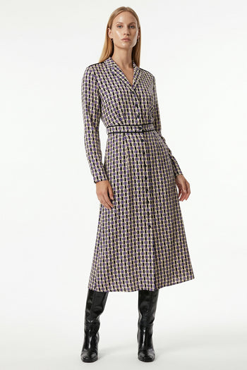 Geometrik Desenli Bel Detaylı Uzun Kollu Midi Gömlek Elbise