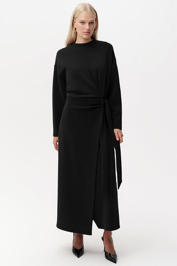 Bisiklet Yaka Bağlama Detaylı Regular Midi Elbise