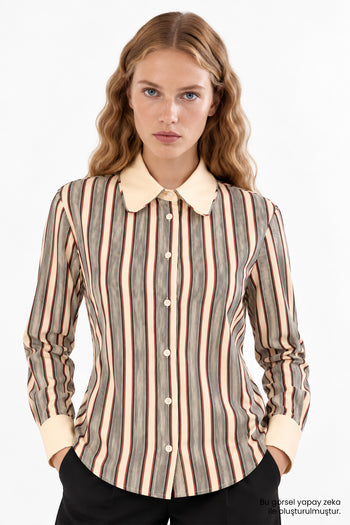 Kontrast Uzun Kollu Slim Fit Düğmeli Çok Renkli Gömlek
