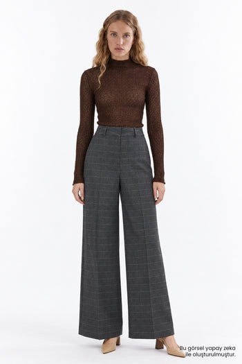 Dik Yaka Uzun Kollu Dantel Slim Fit Kahverengi Bluz
