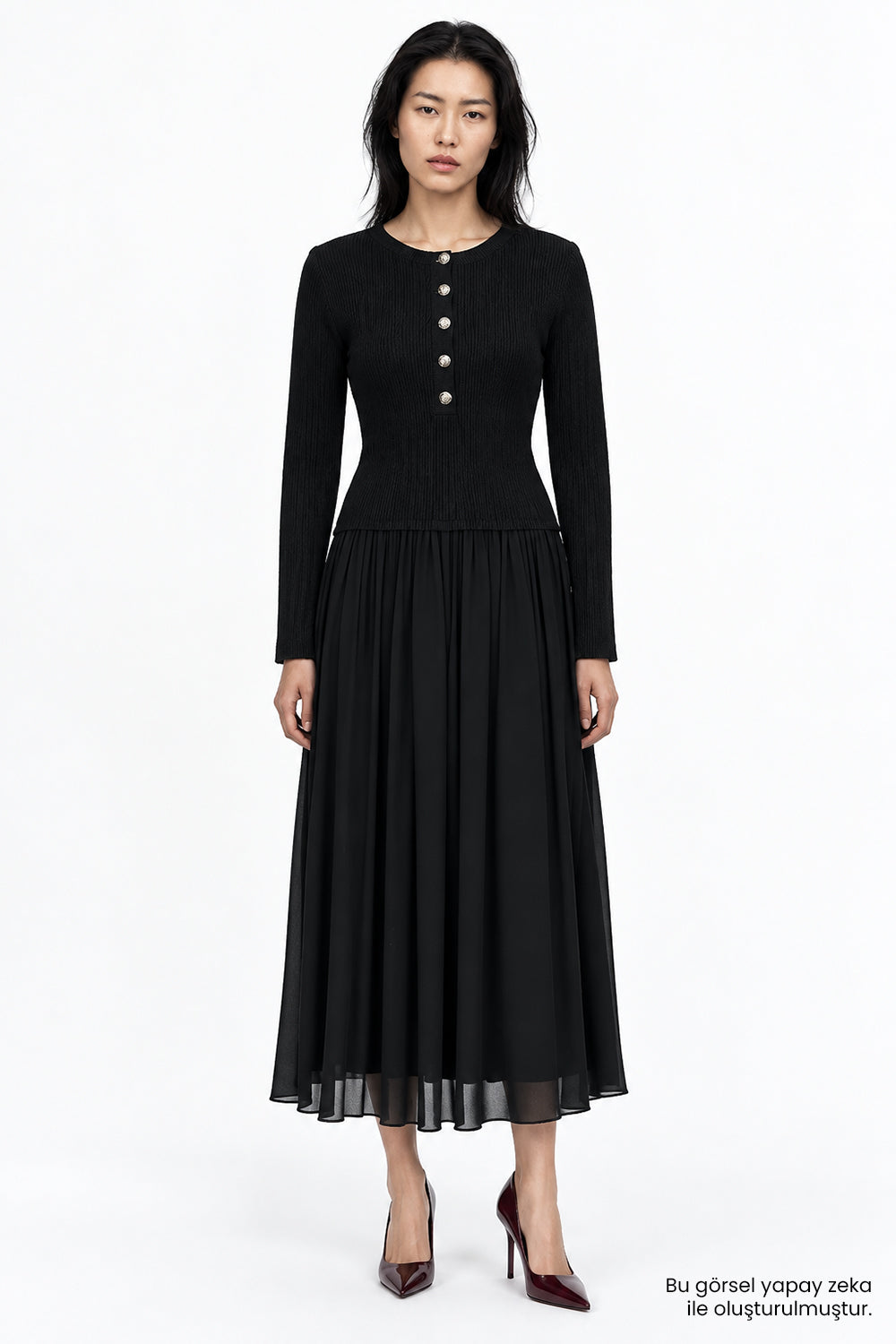 Bele Oturan Triko Garnili Astarlı Slim Fit Elbise