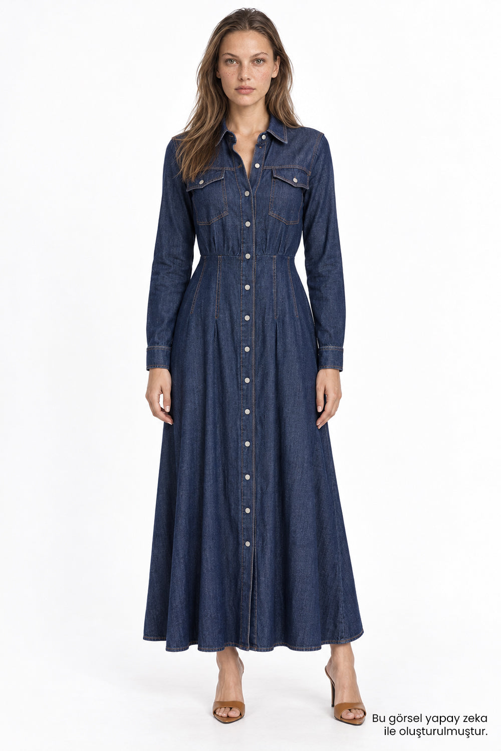 Uzun Kollu Bele Oturan Slim Fit Midi Denim İndigo Elbise