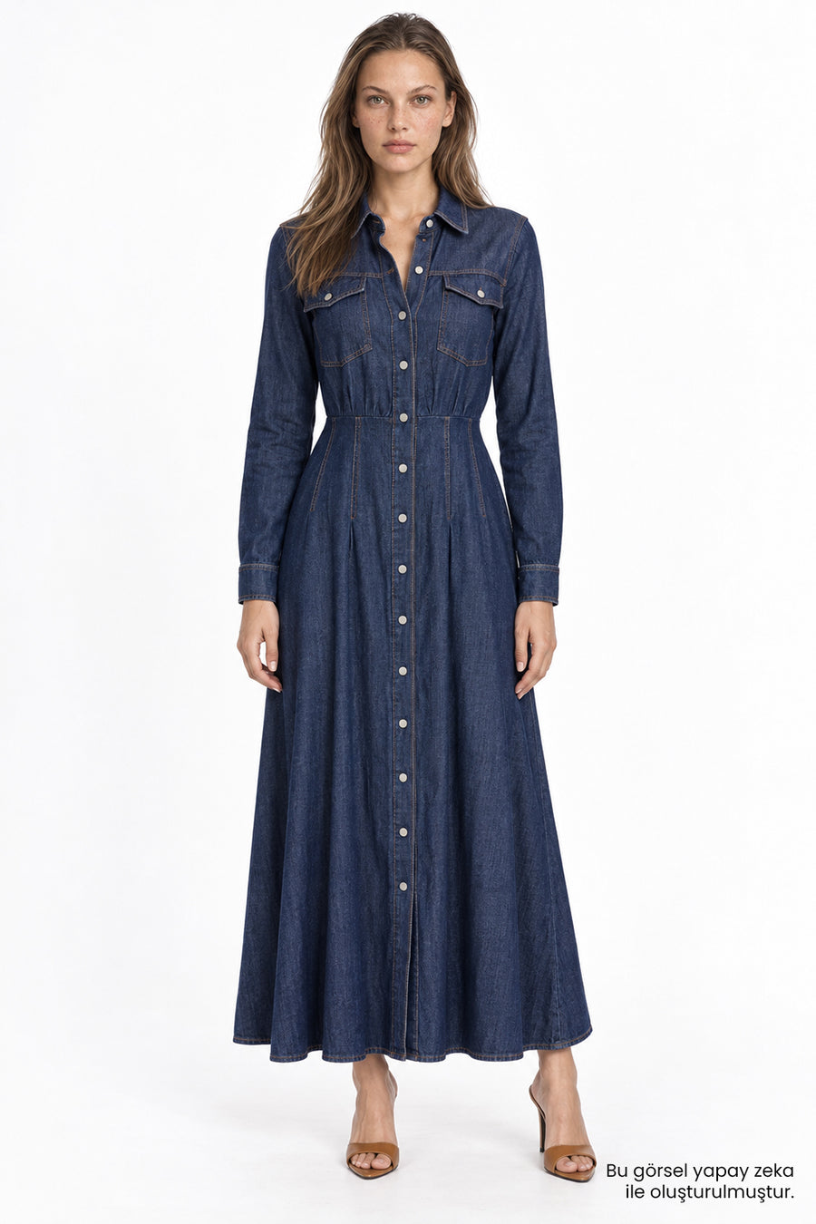 Uzun Kollu Bele Oturan Slim Fit Midi Denim İndigo Elbise