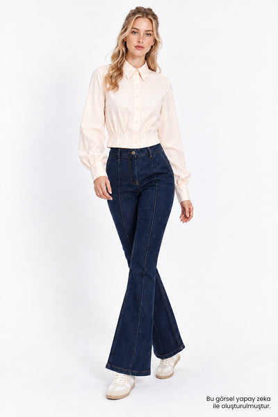 Yüksek Bel İspanyol Paça Slim Fit Denim Lacivert Pantolon