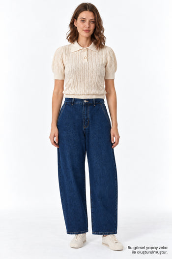 Geniş Paça Cepli Fermuarlı Regular Denim Lacivert Pantolon
