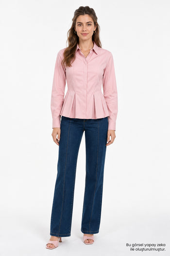 Bele Oturan Pileli Uzun Kollu Slim Fit Pembe Gömlek