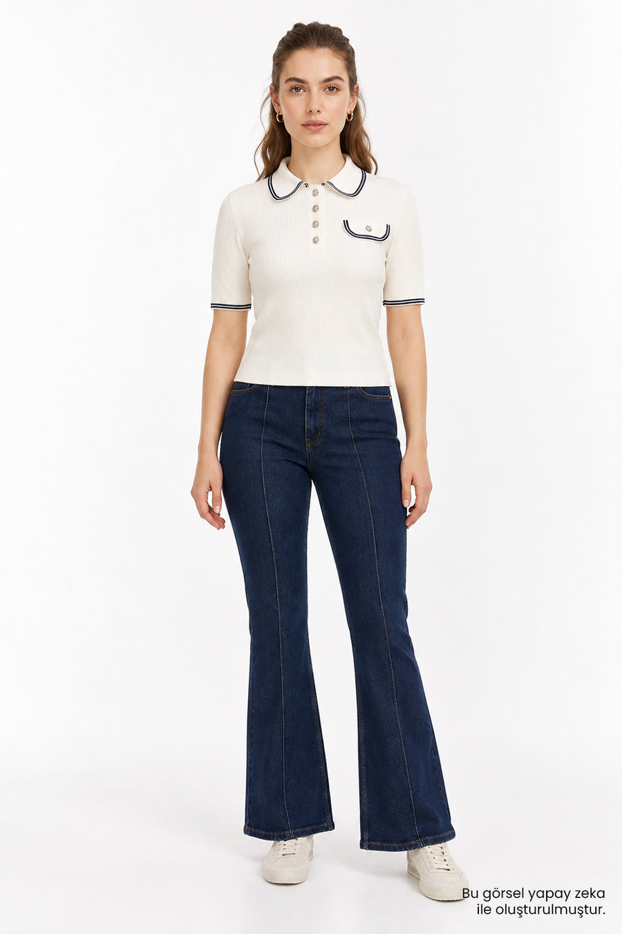 Kısa Kollu Polo Yaka Slim Fit Triko Ekru Bluz