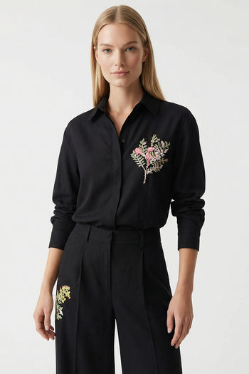 Saf Keten İşlemeli Yüksek Bel Bol Kesim Siyah Pantolon