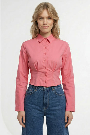 Gömlek Yaka Uzun Kollu Pile Detaylı Crop Regular Pembe Gömlek