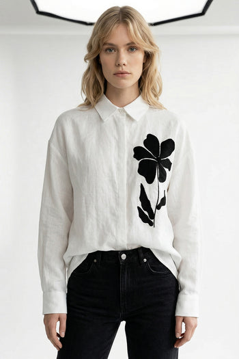 Gömlek Yakalı Uzun Kollu Aplike Nakışlı Keten Regular Beyaz Gömlek