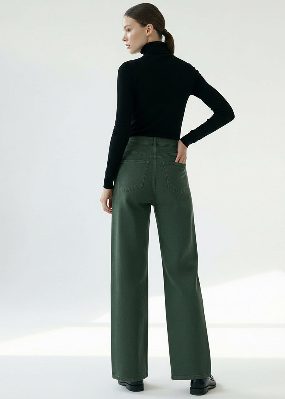 Yüksek Bel Cepli Dokuma Yeşil Pantolon