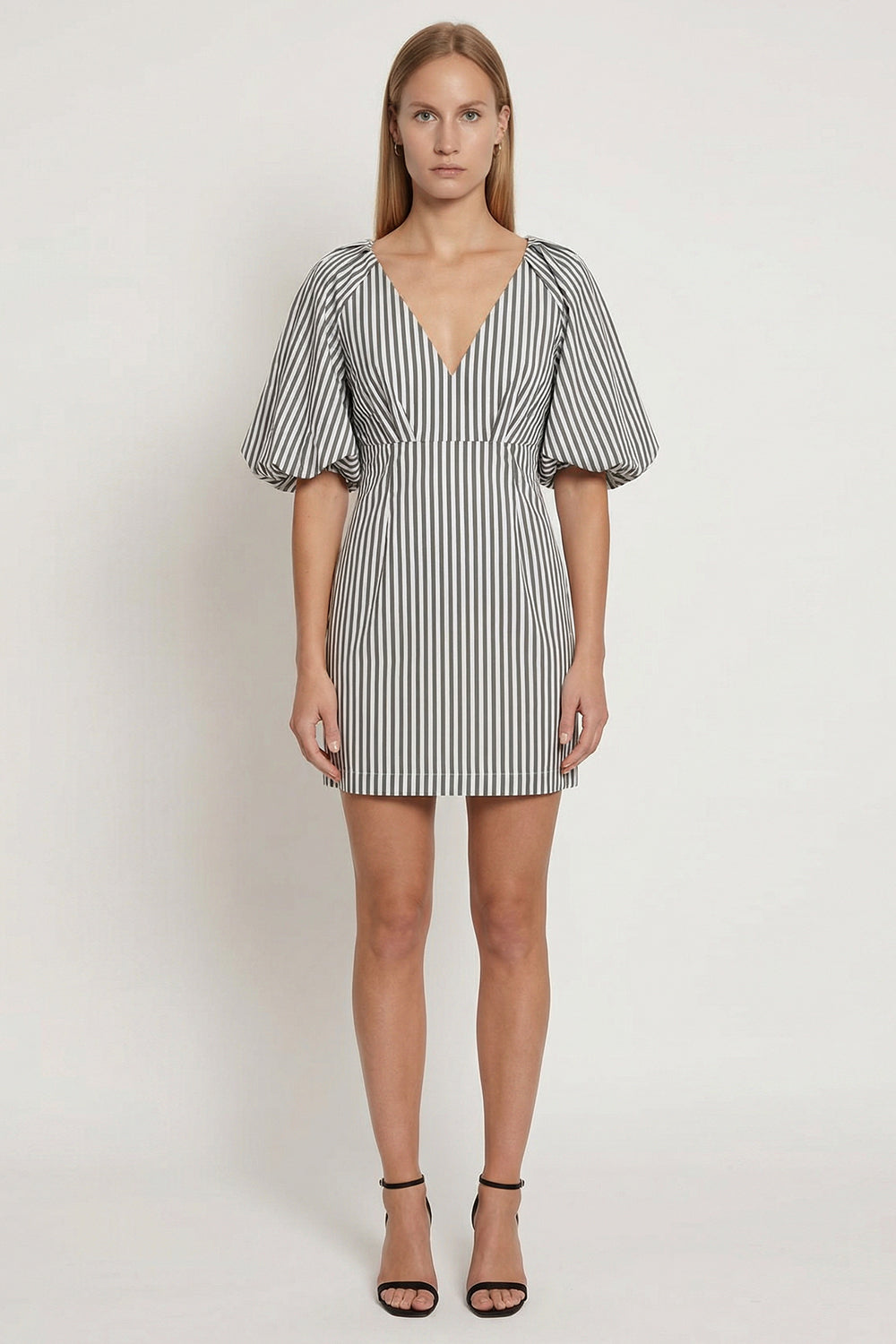 V Yaka Balon Kol Çizgili Pamuklu Mini Elbise