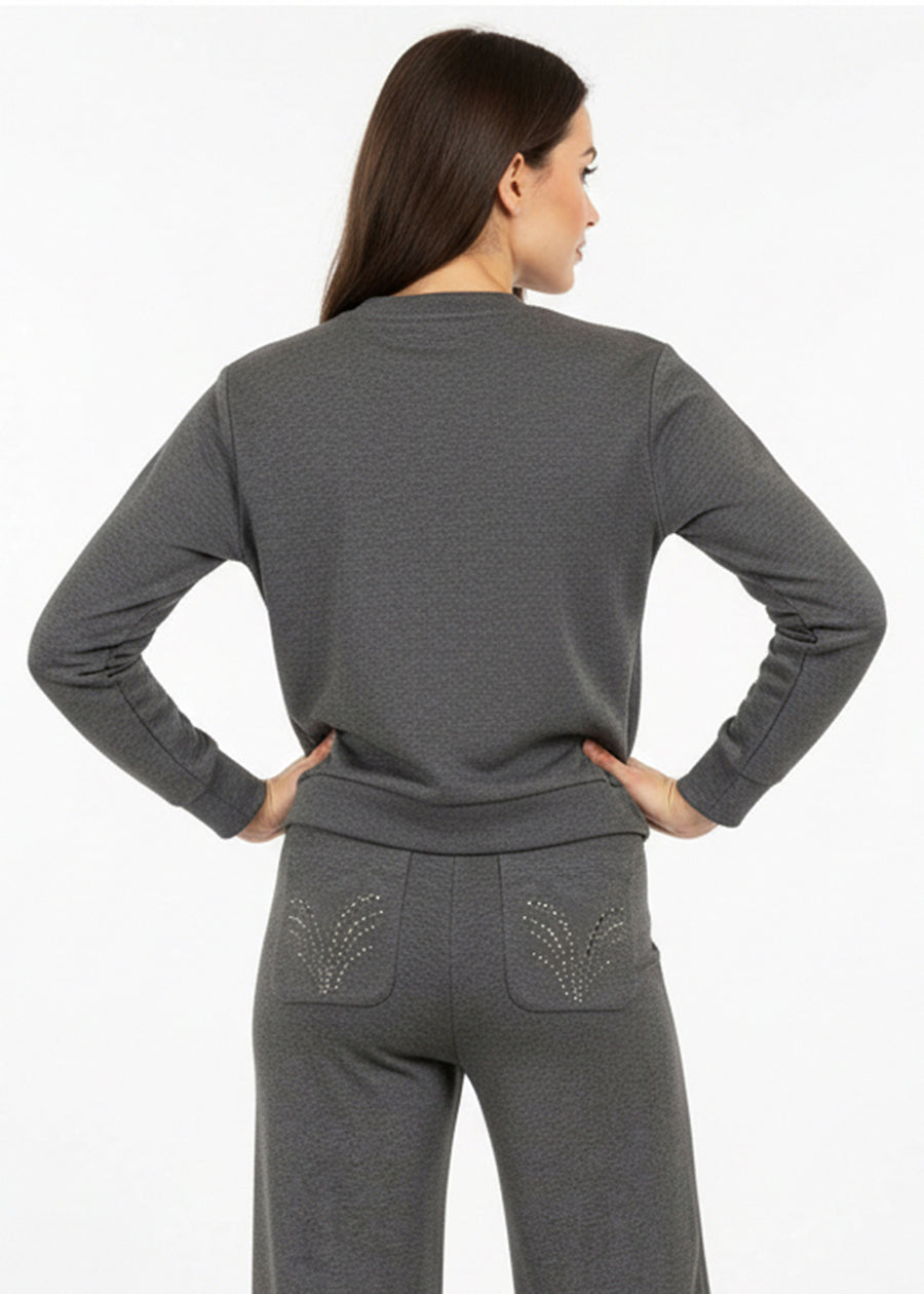Desenli Taş İşlemeli Regular Uzun Kol Antrasit Sweatshirt
