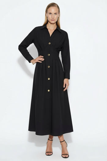 Bele Oturan Düğme Detaylı Pamuk Midi Gömlek Elbise