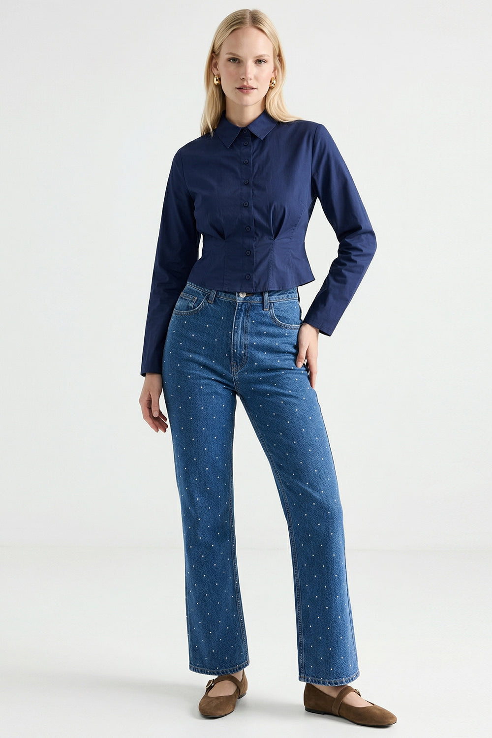 Taşlı Geniş Paça Yüksel Bel Regular Denim İndigo Pantolon