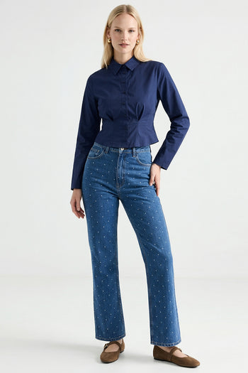 Taşlı Geniş Paça Yüksel Bel Regular Denim İndigo Pantolon