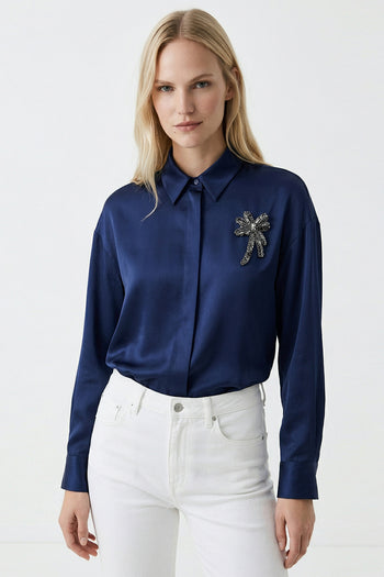 Gömlek Yaka Manşetli İşlemeli Saten Regular Lacivert Gömlek