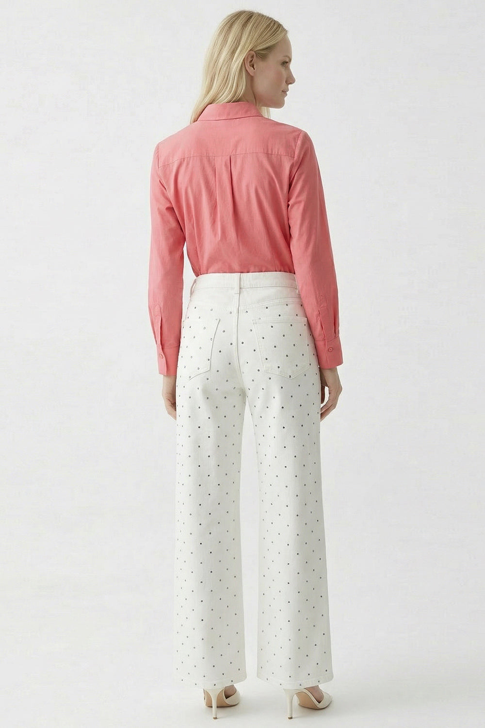 Taşlı Geniş Paça Yüksel Bel Regular Denim Beyaz Pantolon