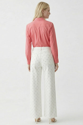 Taşlı Geniş Paça Yüksel Bel Regular Denim Beyaz Pantolon