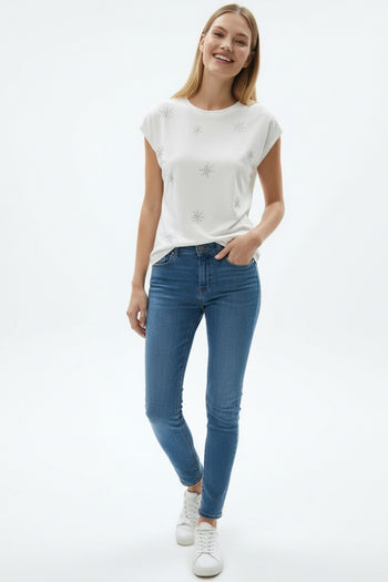 Taşlı Bisiklet Yaka Regular Ekru Tişört