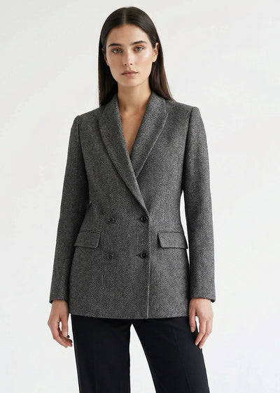 Kruvaze Uzun Kollu Dokuma Blazer Ceket