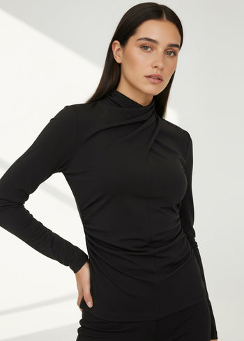 Drapeli Yaka Uzun Kollu Örme Regular Siyah Bluz