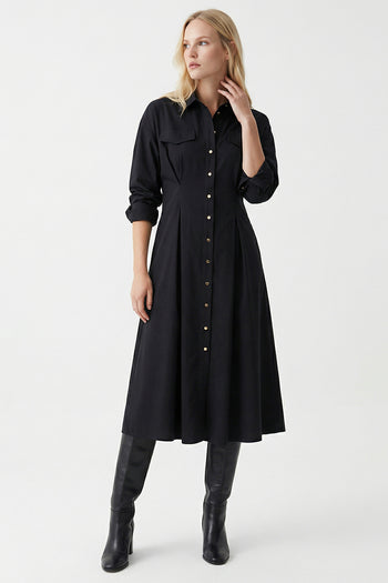 Gömlek Yaka Uzun Kollu Cepli Regular Düğmeli Siyah Midi Elbise