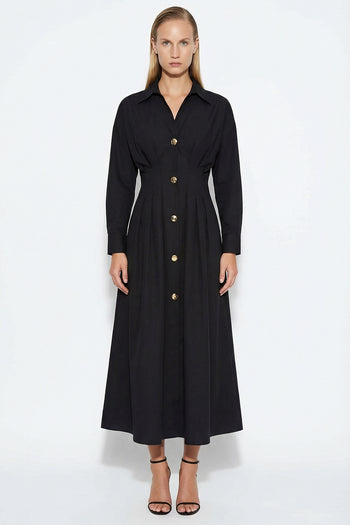 Bele Oturan Düğme Detaylı Pamuk Midi Gömlek Elbise