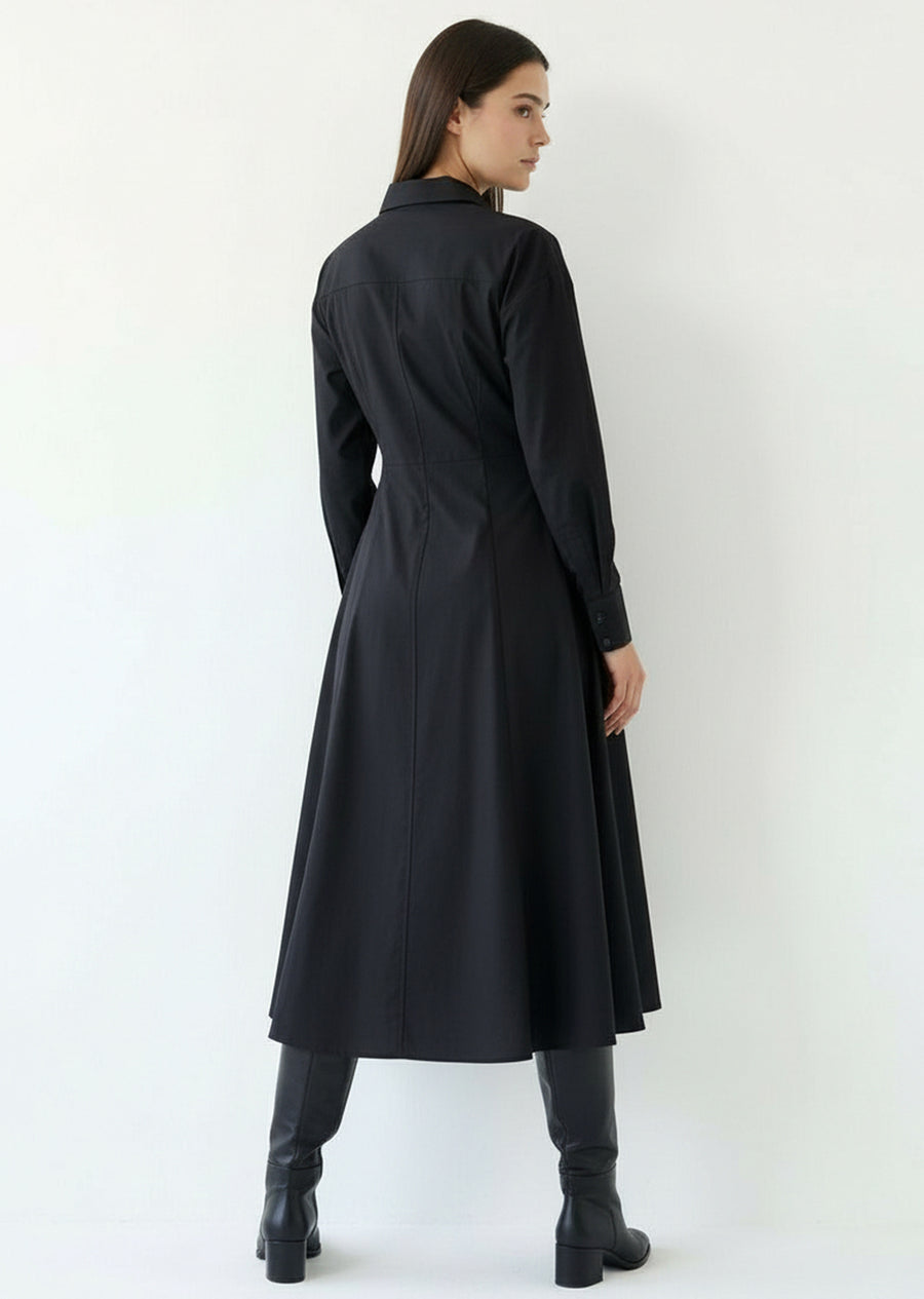Gömlek Yaka Uzun Kollu Siyah Slim Fit Midi Elbise