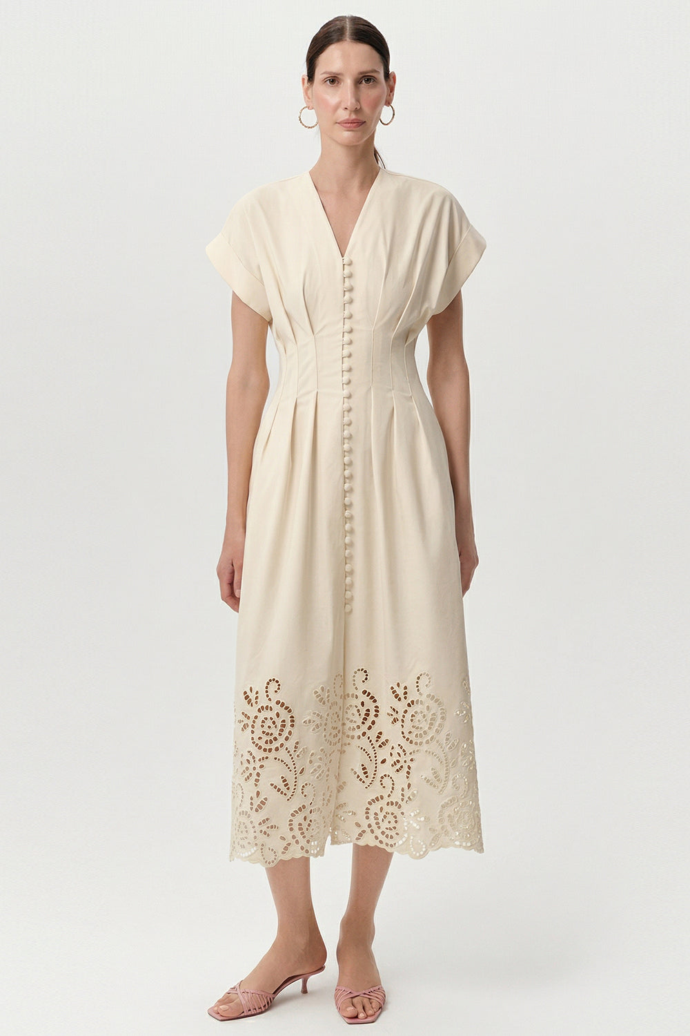 V Yaka Kısa Kollu Düğmeli Regular Midi Kemik Elbise