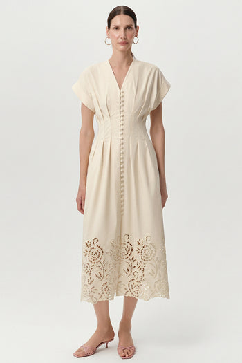 V Yaka Kısa Kollu Düğmeli Regular Midi Kemik Elbise