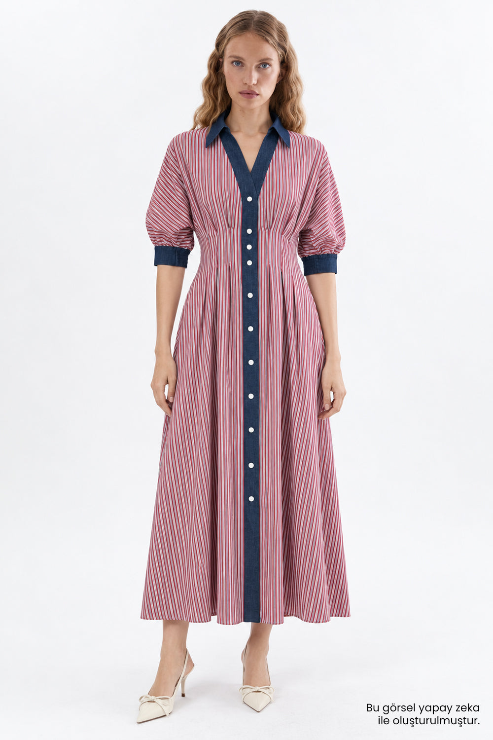 Denim Garni Reglan Kol Pileli Regular Midi Elbise