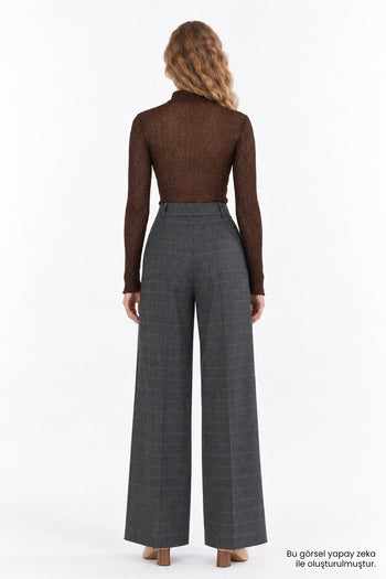 Dik Yaka Uzun Kollu Dantel Slim Fit Kahverengi Bluz