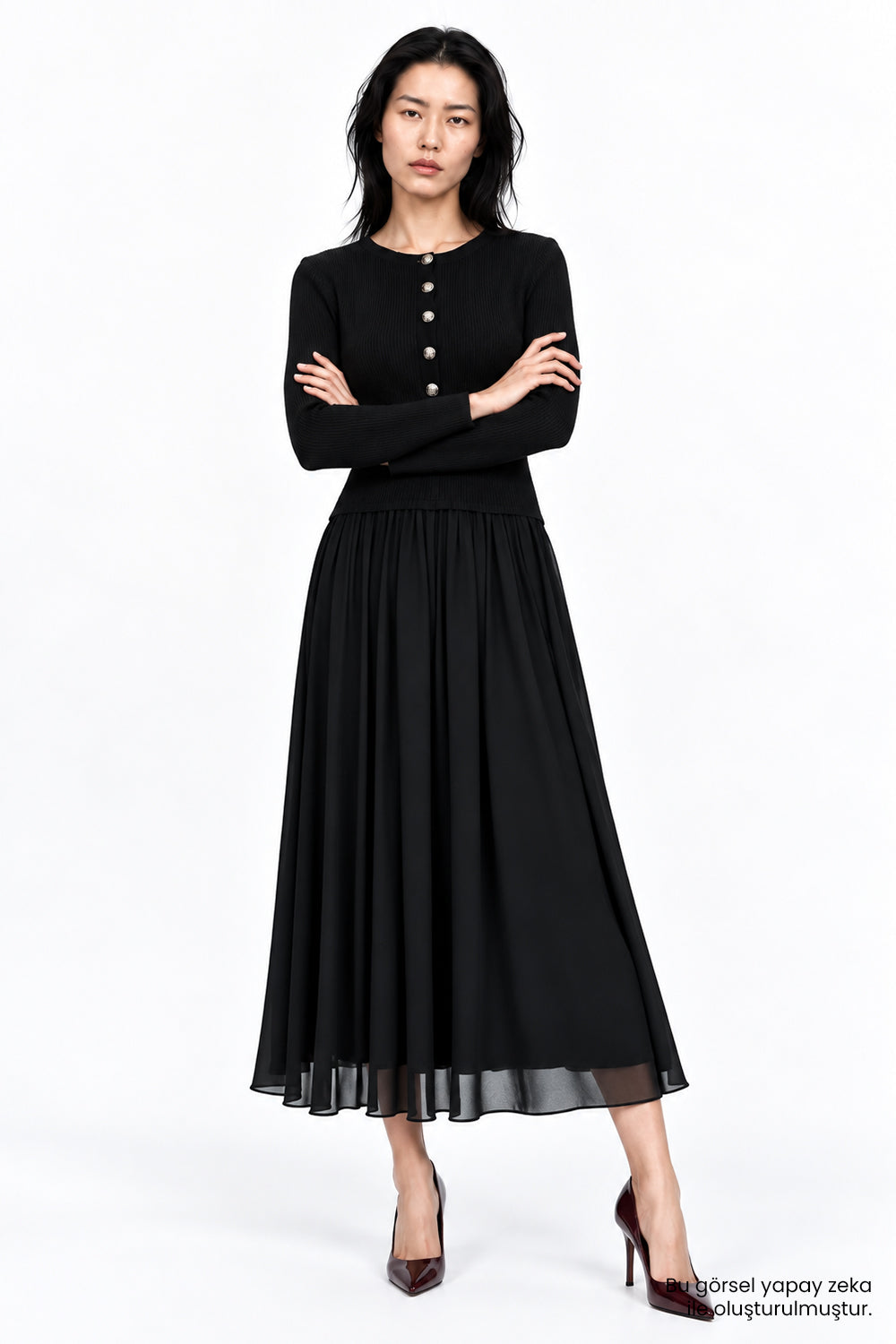 Bele Oturan Triko Garnili Astarlı Slim Fit Elbise