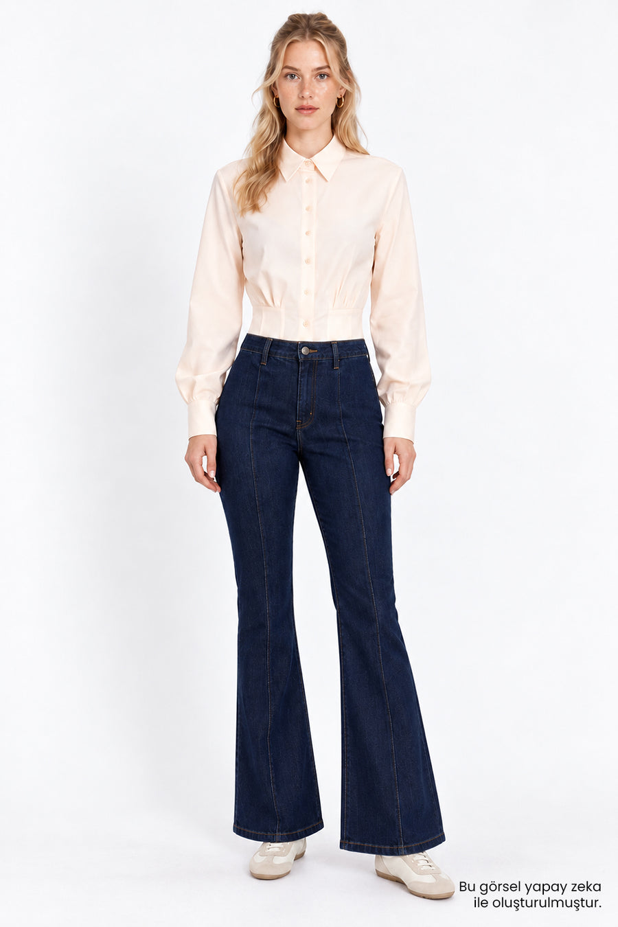 Yüksek Bel İspanyol Paça Slim Fit Denim Lacivert Pantolon