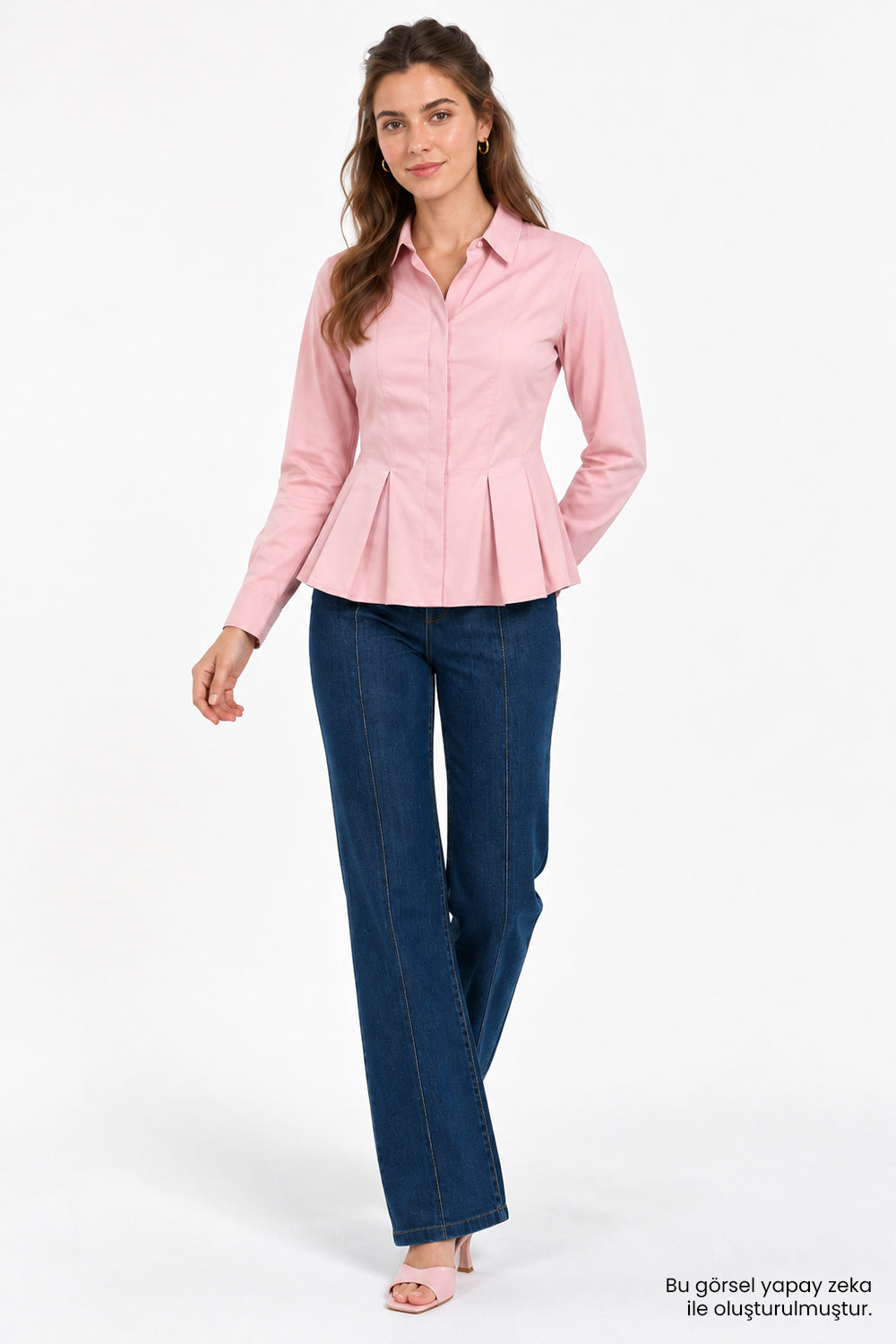 Bele Oturan Pileli Uzun Kollu Slim Fit Pembe Gömlek