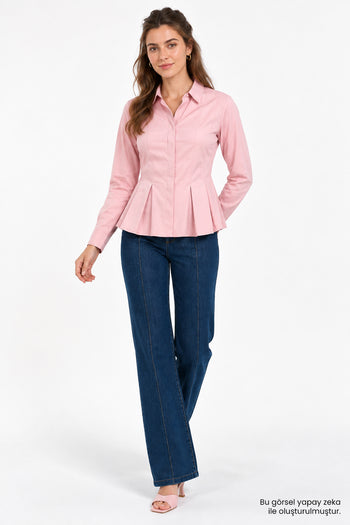 Bele Oturan Pileli Uzun Kollu Slim Fit Pembe Gömlek
