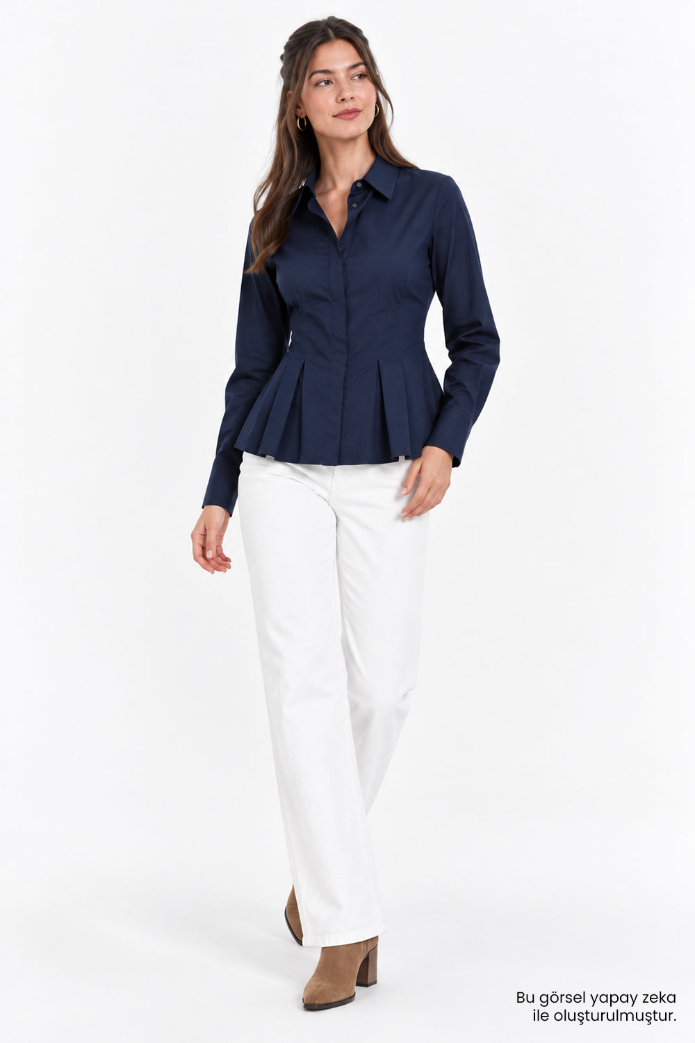 Bele Oturan Pileli Uzun Kollu Slim Fit  Lacivert Gömlek