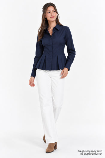 Bele Oturan Pileli Uzun Kollu Slim Fit  Lacivert Gömlek