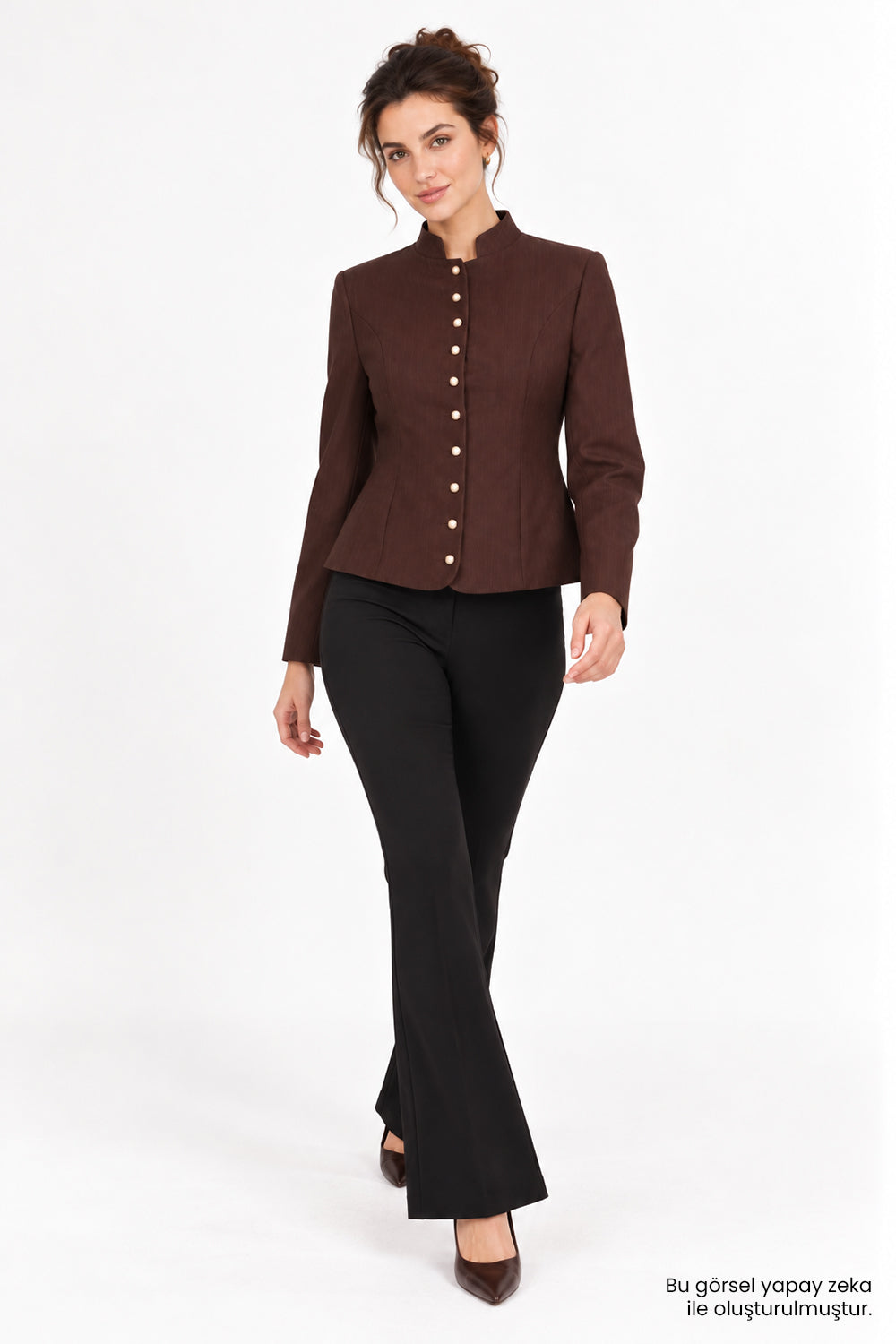 Dik Yaka Slim Fit İnce Çizgili Düğmeli Kahve Ceket