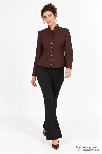 Dik Yaka Slim Fit İnce Çizgili Düğmeli Kahve Ceket