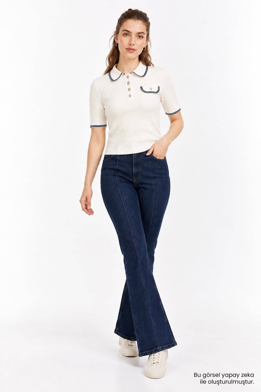 Kısa Kollu Polo Yaka Slim Fit Triko Ekru Bluz