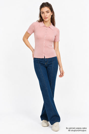 Reglan Kol Yakalı Slim Fit Pembe Triko Hırka