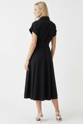 İşleme Detaylı Kloş Midi Gömlek Siyah Elbise