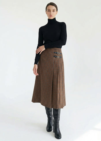 Çift Tokalı Ekose Desen Midi Dokuma Kloş Etek