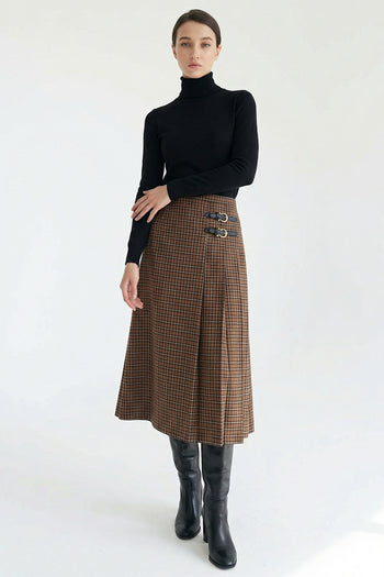 Çift Tokalı Ekose Desen Midi Dokuma Kloş Etek