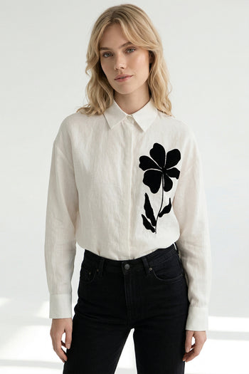 Gömlek Yakalı Uzun Kollu Aplike Nakışlı Keten Regular Beyaz Gömlek