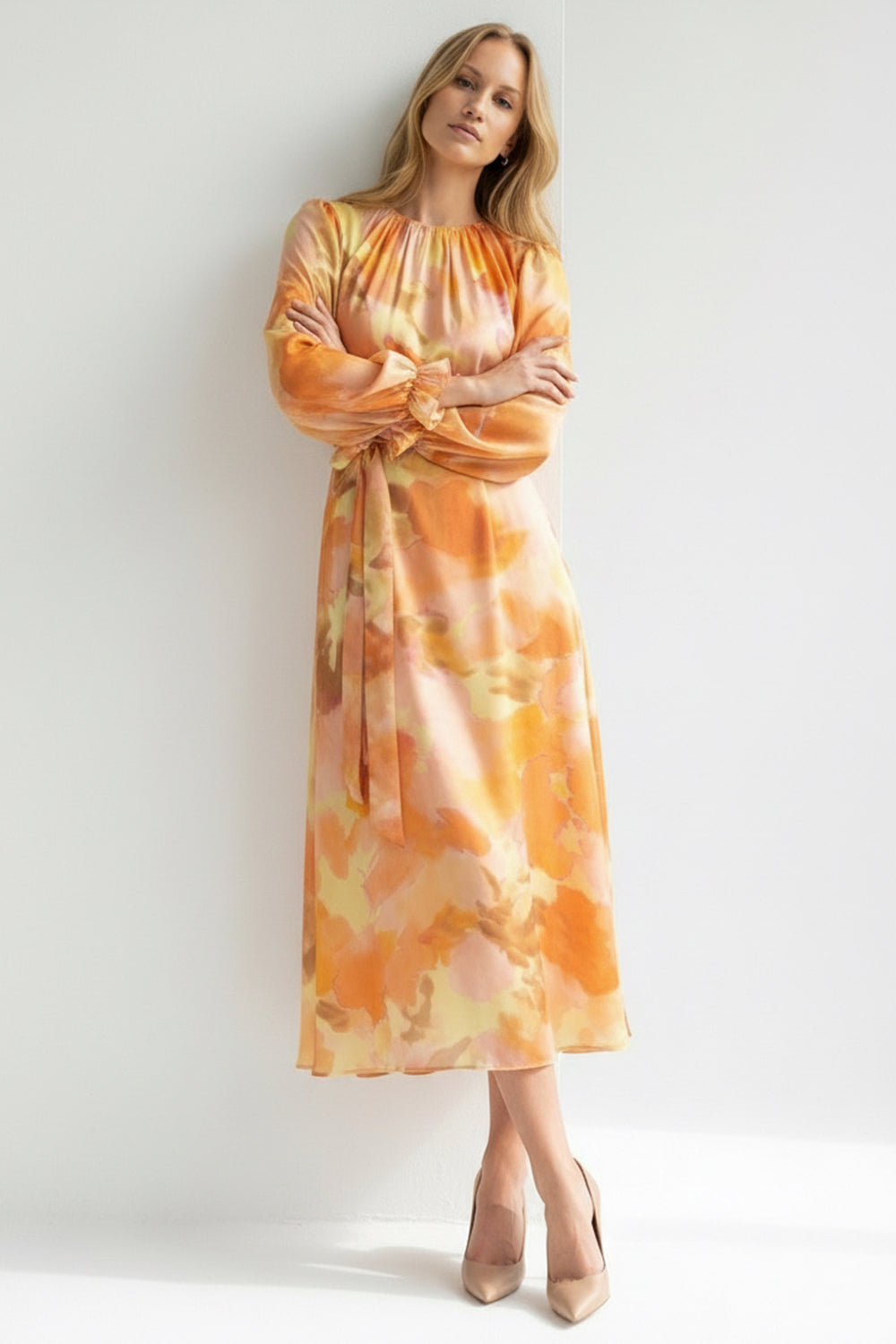 Bisiklet Yaka Uzun Kol Bol Kesim Desenli Elbise