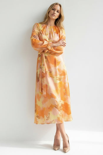 Bisiklet Yaka Uzun Kol Bol Kesim Desenli Elbise